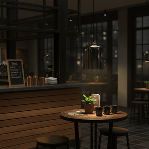 Smoke grey bell jar glass pendant light hanging above a wooden table with coffee mugs and a plant.