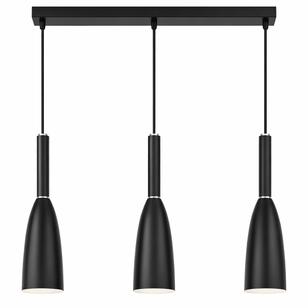 Black pendant light fixture with three hanging lamps on a white background