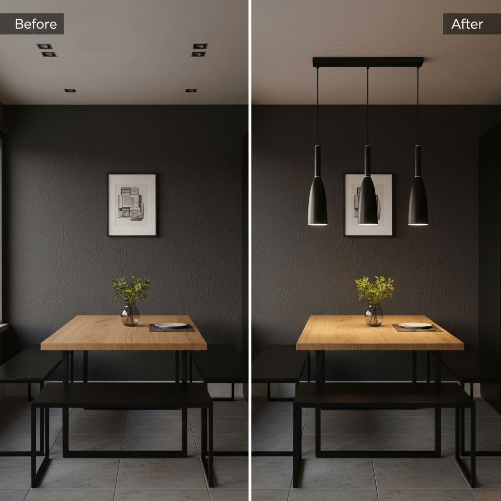 Before and after comparison of a dining area with a black metal pendant light installed, showcasing improved illumination.