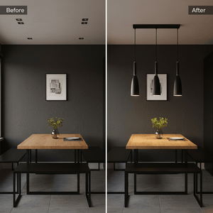 Before and after comparison of a dining area with a black metal pendant light installed, showcasing improved illumination.