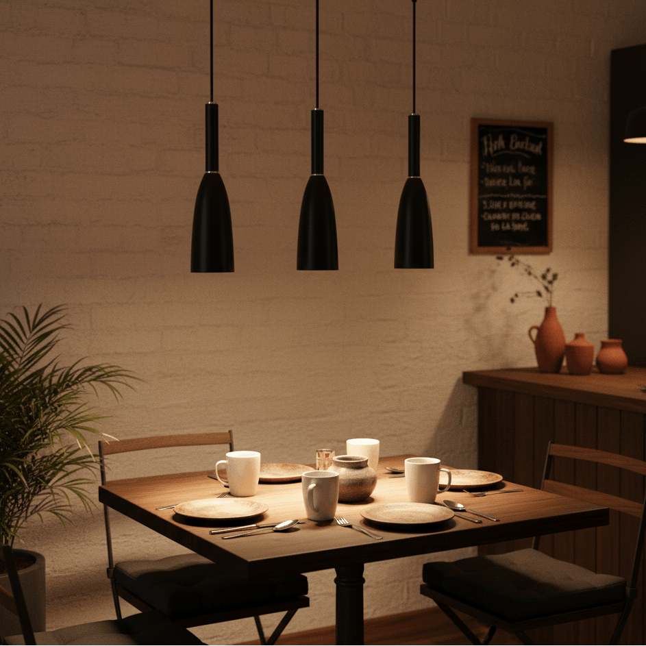 Three black metal pendant lights hang above a wooden dining table set with plates and cups.