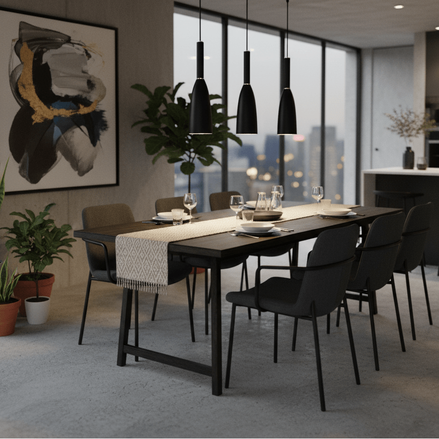 Three black metal pendant lights hang above a modern dining table set for a meal, with plants and a city view.