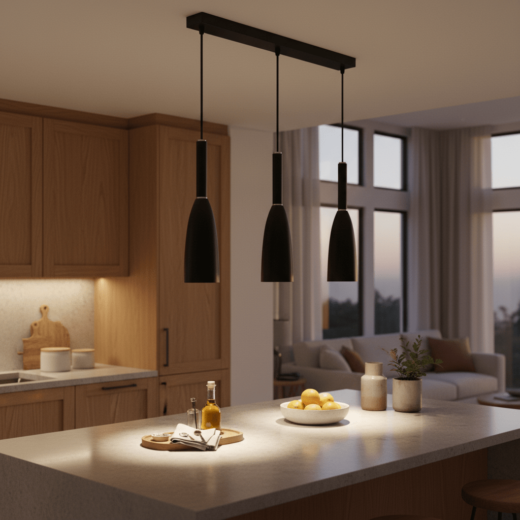 Three black metal pendant lights hang over a kitchen island, illuminating a bowl of lemons and a cutting board.