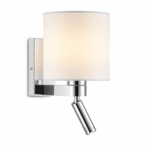 Melia wall fitting with a white fabric shade and adjustable LED reading light, mounted on a sleek chrome base.