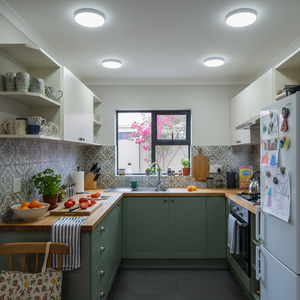 Modern kitchen with green cabinets, wooden countertops, and a window with pink flowers.