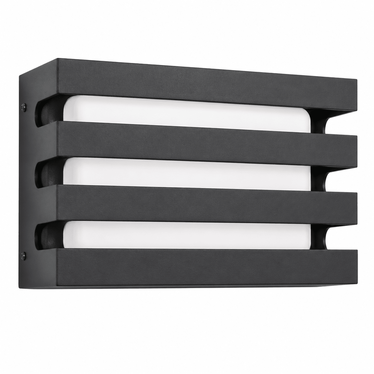 LED black caged outdoor wall light with a sleek design and integrated LED panel.