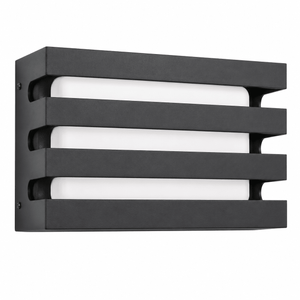 LED black caged outdoor wall light with a sleek design and integrated LED panel.