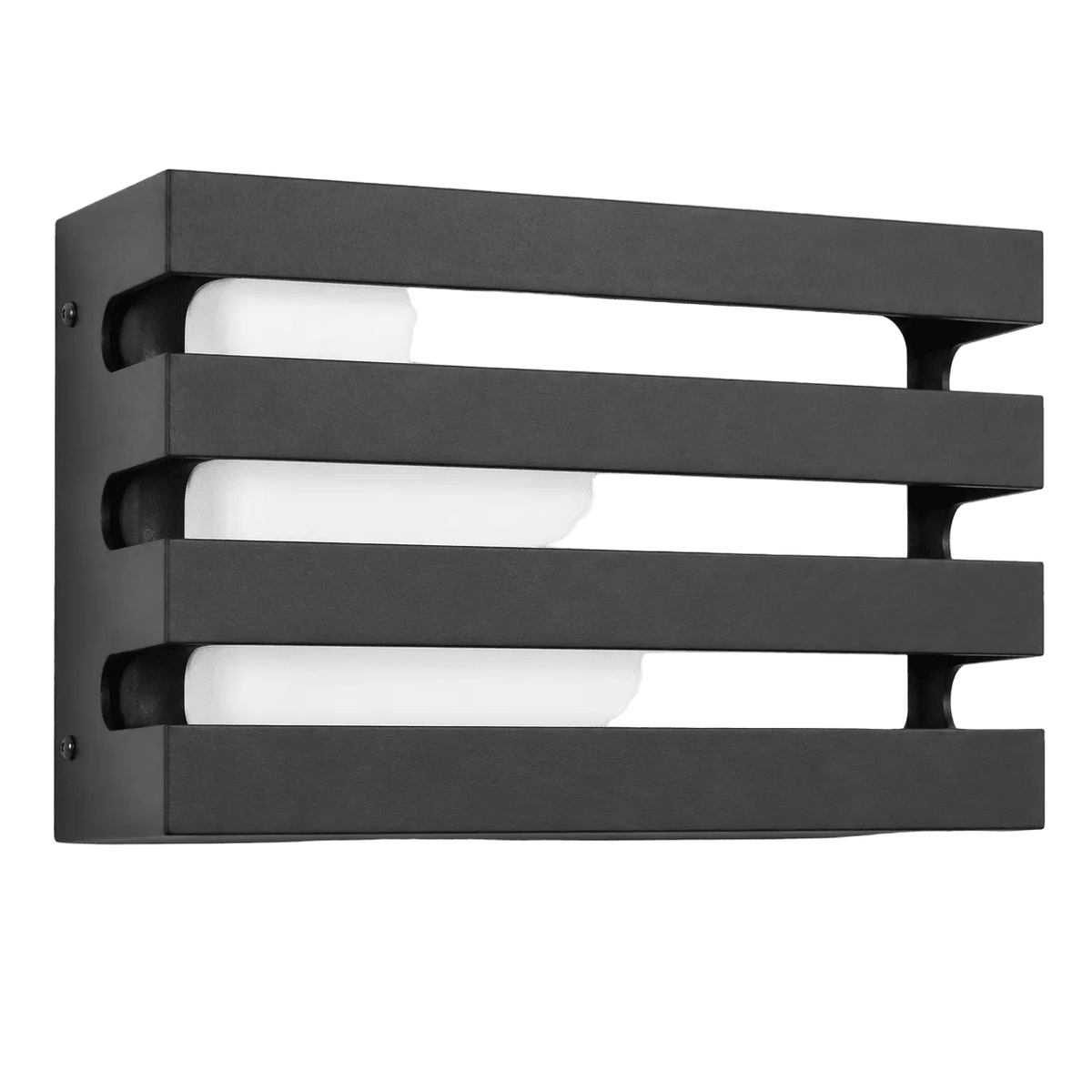 Black caged outdoor wall light with three horizontal bars and white LED modules