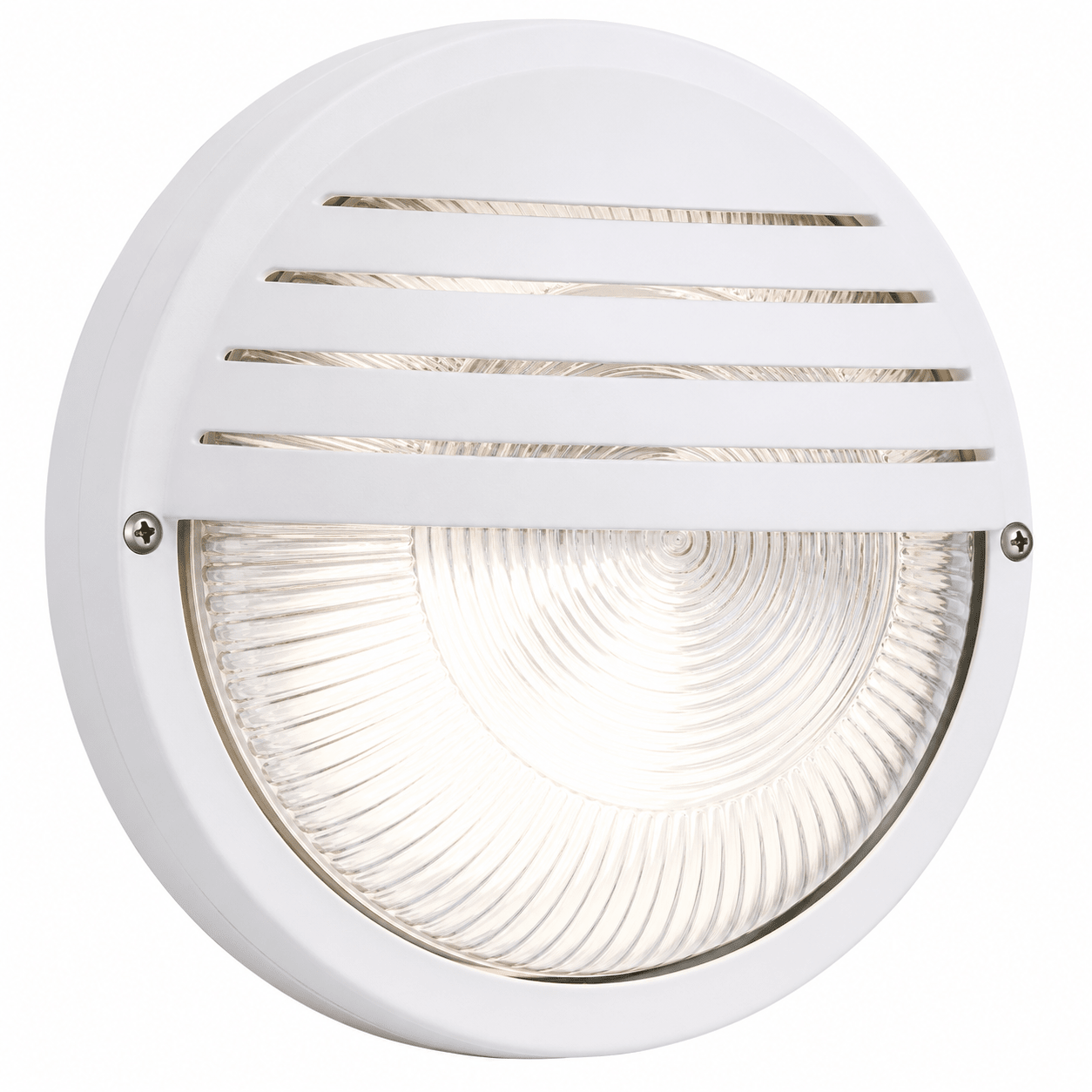 Round PVC bulkhead outdoor wall light with clear glass and grid design, ideal for moisture-prone areas.
