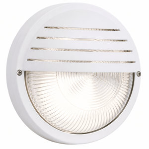 Round PVC bulkhead outdoor wall light with clear glass and grid design, ideal for moisture-prone areas.