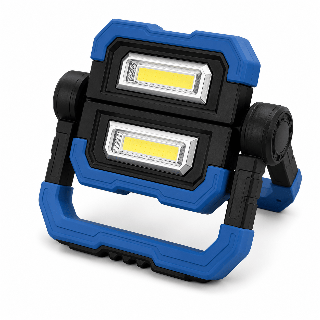 Blue and black rechargeable work light on a white background