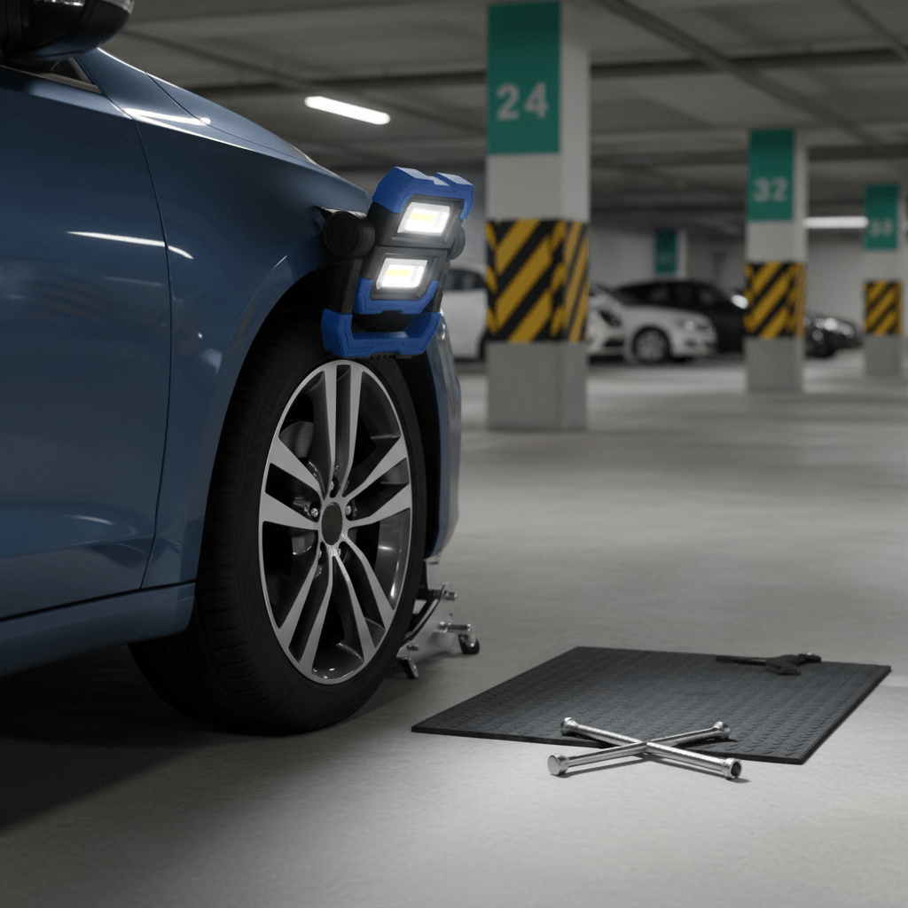 Blue car in parking garage with rechargeable LED work light attached to fender, tools lit on floor.