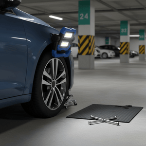 Blue car in parking garage with rechargeable LED work light attached to fender, tools lit on floor.
