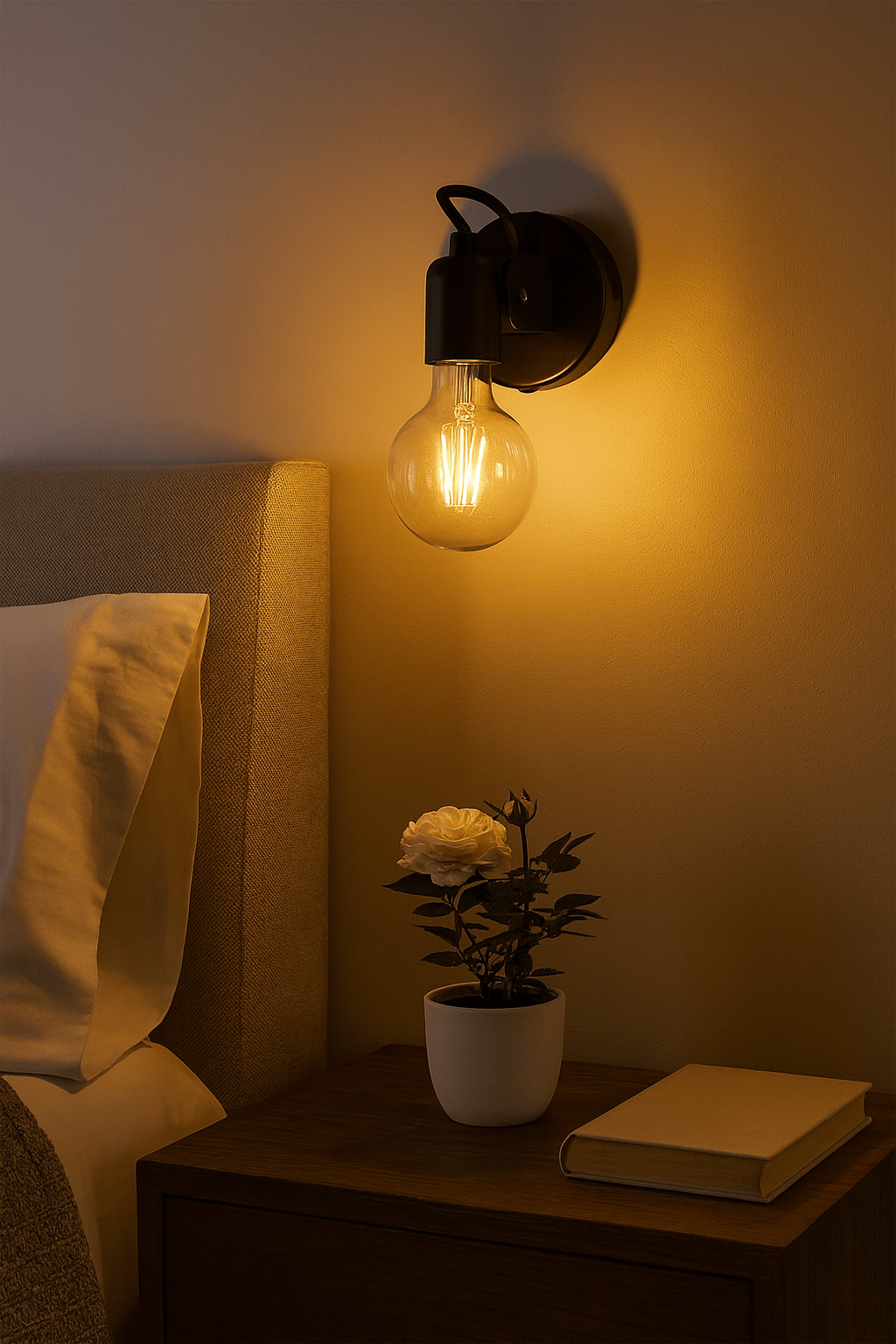 Wall-mounted light fixture casting a warm glow on a bedside table with a plant and book.