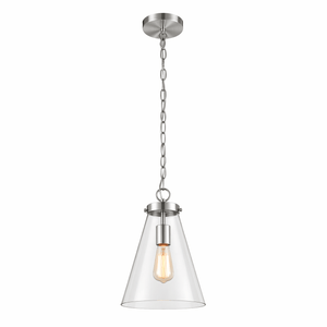 Pendant light with clear glass shade and metallic fixture on a white background