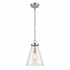 Pendant light with clear glass shade and metallic fixture on a white background