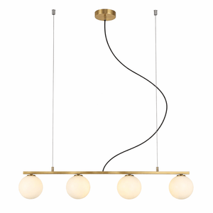 Modern pendant light with four round glass shades and brass fixture on a white background