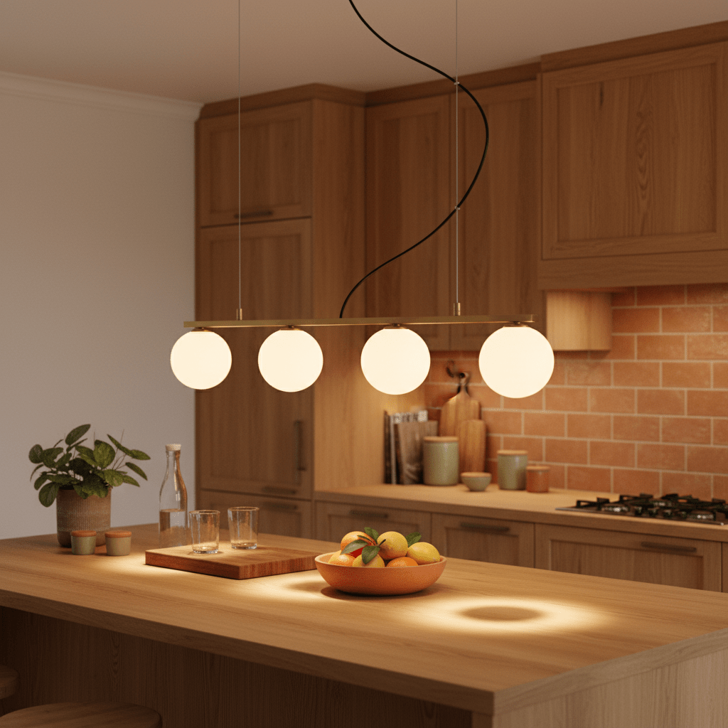 Linear 4 Light Pendant in gold above a kitchen island, illuminating a bowl of fruit and glasses.