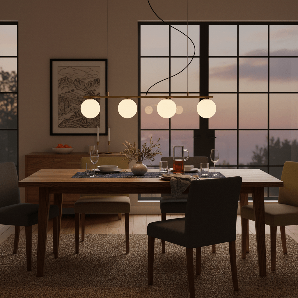 Linear 4 Light Pendant in gold above a dining table, illuminating a cozy dining setup with chairs and decor.