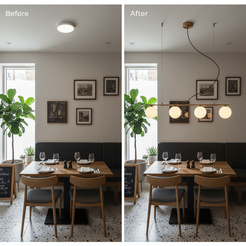Before and after comparison of a dining area with a modern pendant light installation.