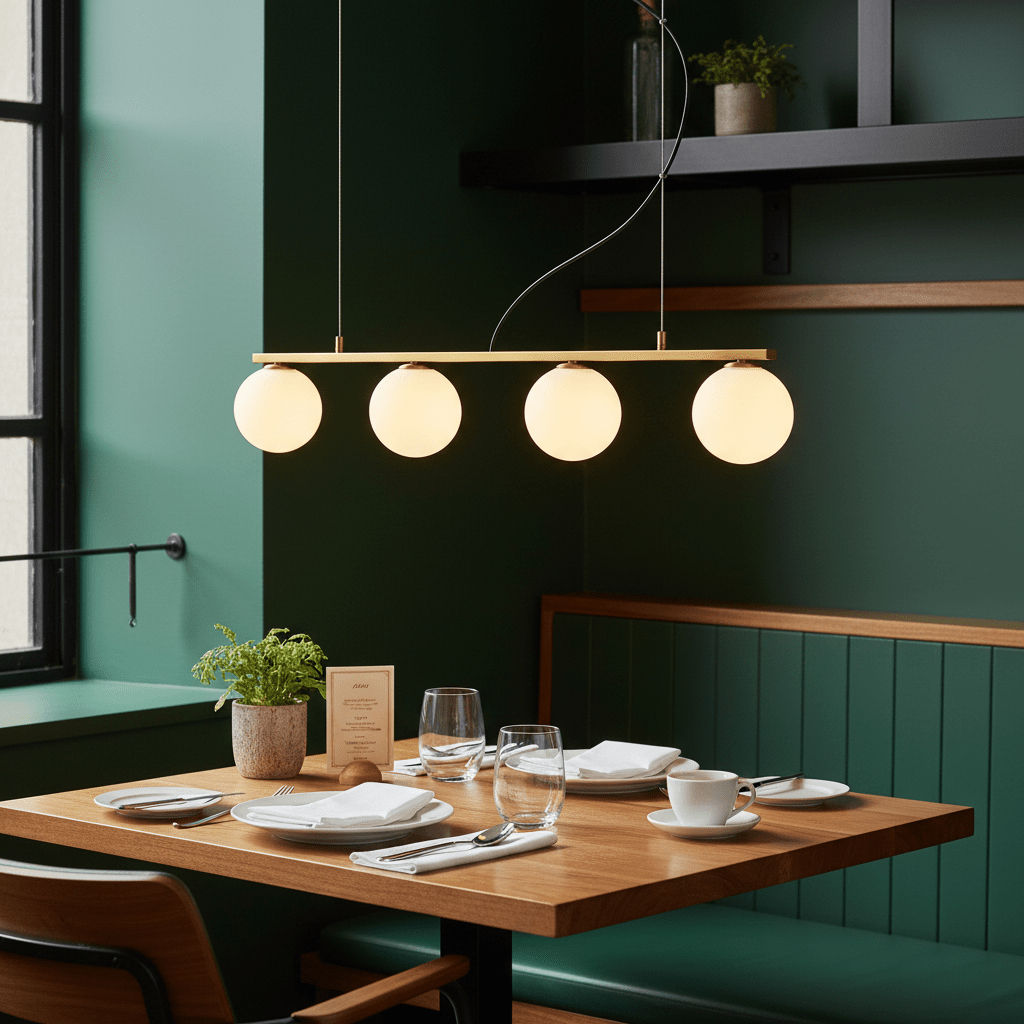 Linear 4 Light Pendant in gold above a dining table with white plates and glasses, set against a green wall.