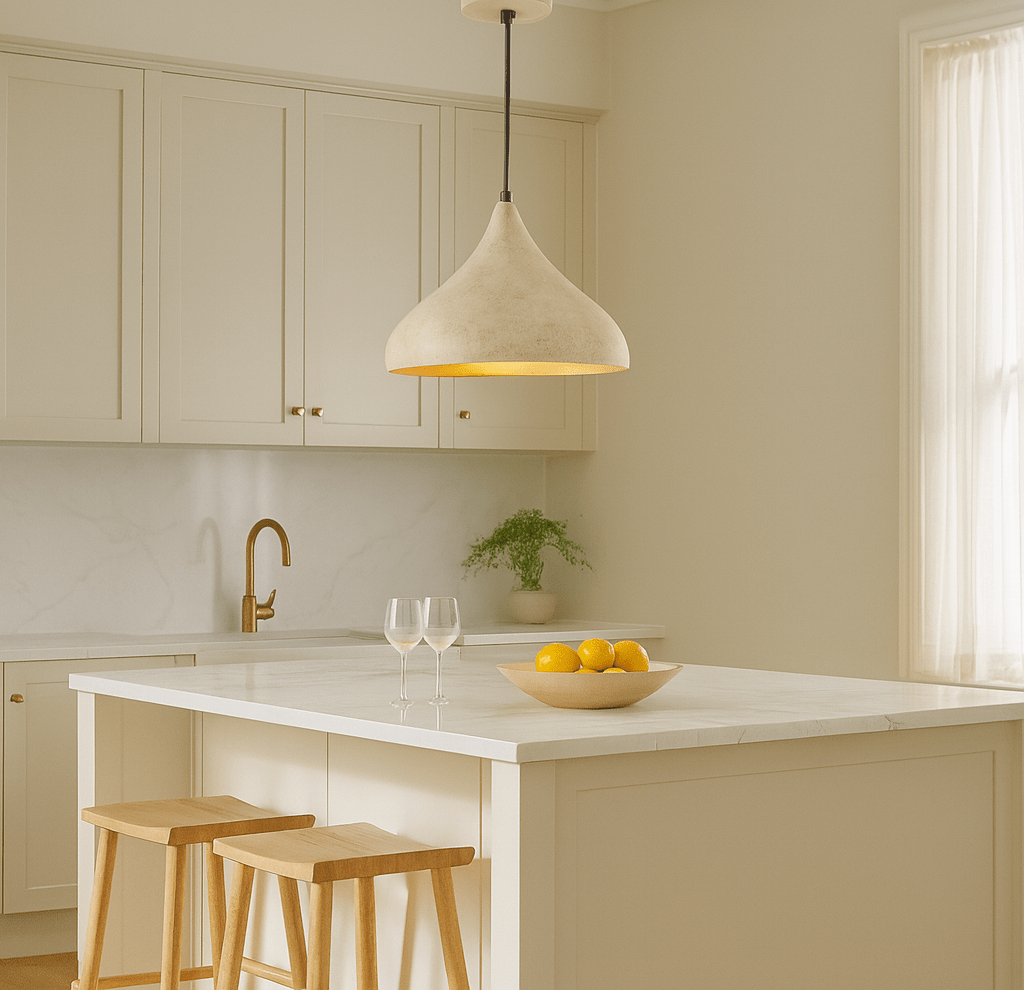 Modern kitchen with pendant light, white countertop, and wooden stools.