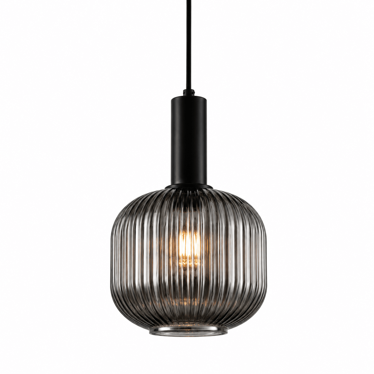 Jackie Smoke Cut Glass Pendant Light featuring a ribbed smoke glass design and black metal fixture.