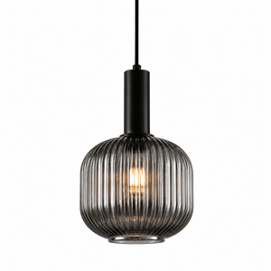 Jackie Smoke Cut Glass Pendant Light featuring a ribbed smoke glass design and black metal fixture.