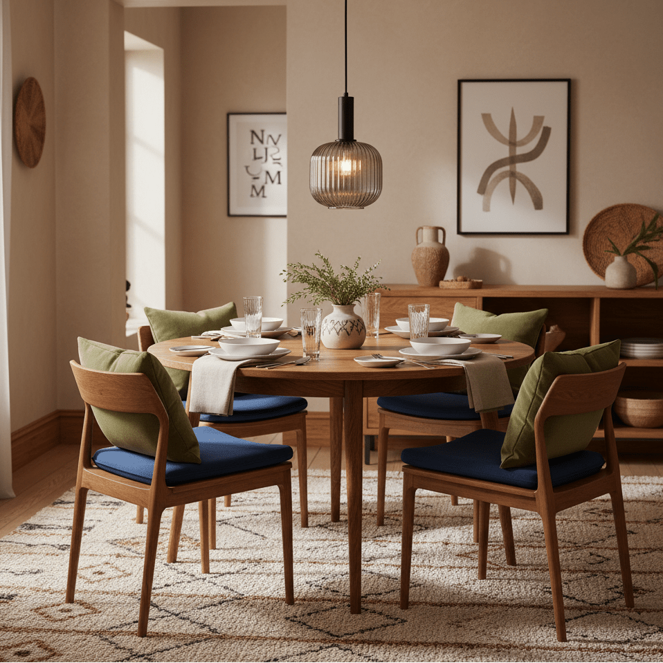 A stylish dining setup featuring the Jackie Smoke Cut Glass Pendant above a round wooden table with plates and glasses.