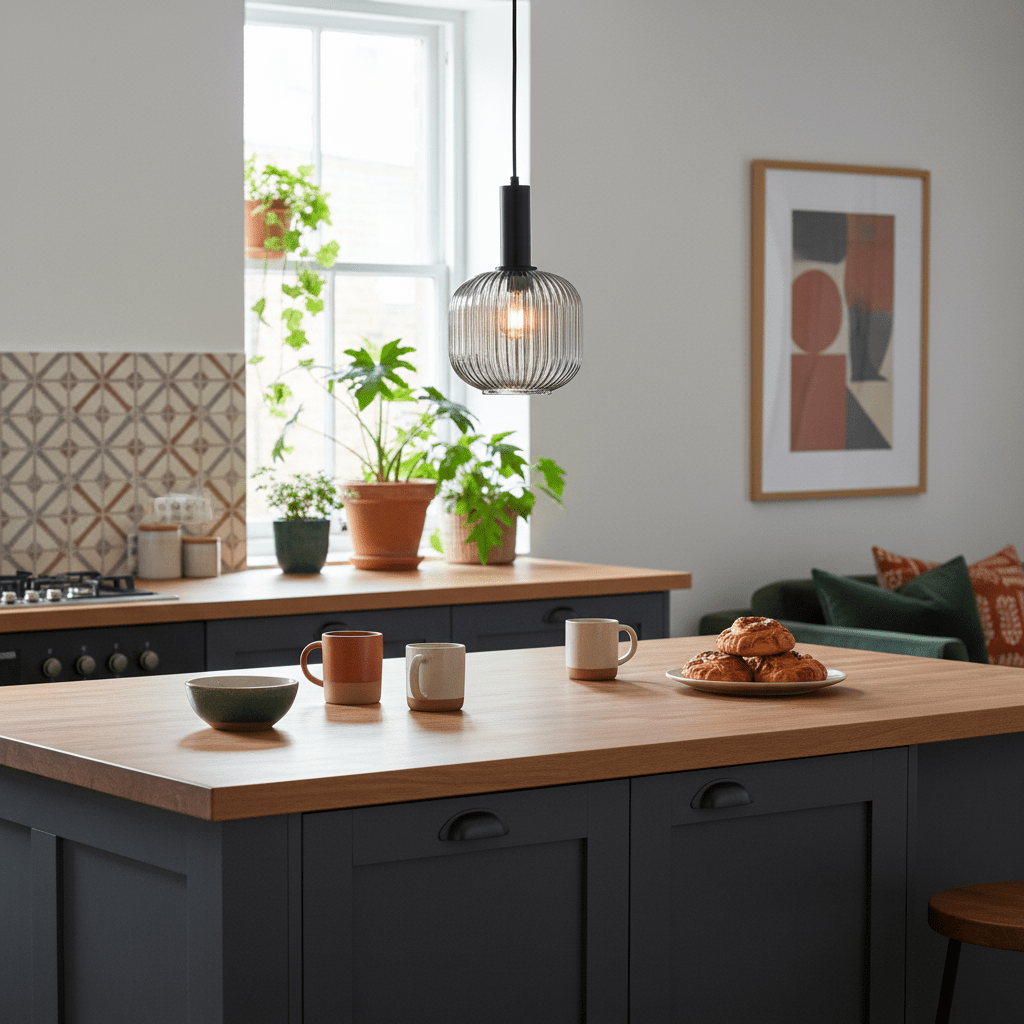 Jackie Smoke Cut Glass Pendant light hanging above a kitchen island with mugs and pastries.