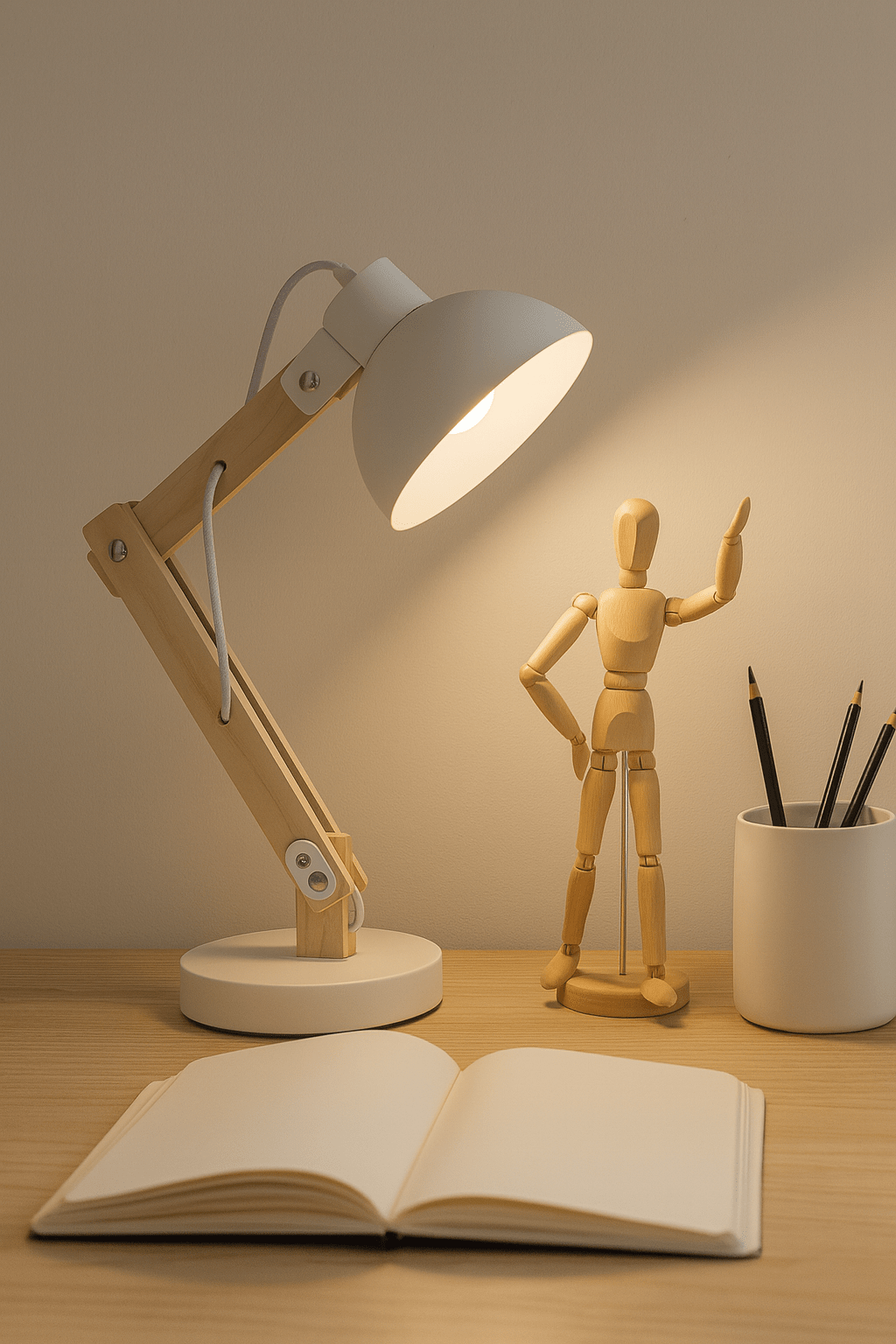 Desk setup with a lamp, book, pencil holder, and wooden figure on a wooden surface.