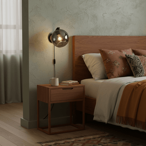 Bubble Glass Wall Light mounted beside a bed, illuminating a cozy bedroom with wooden furniture.