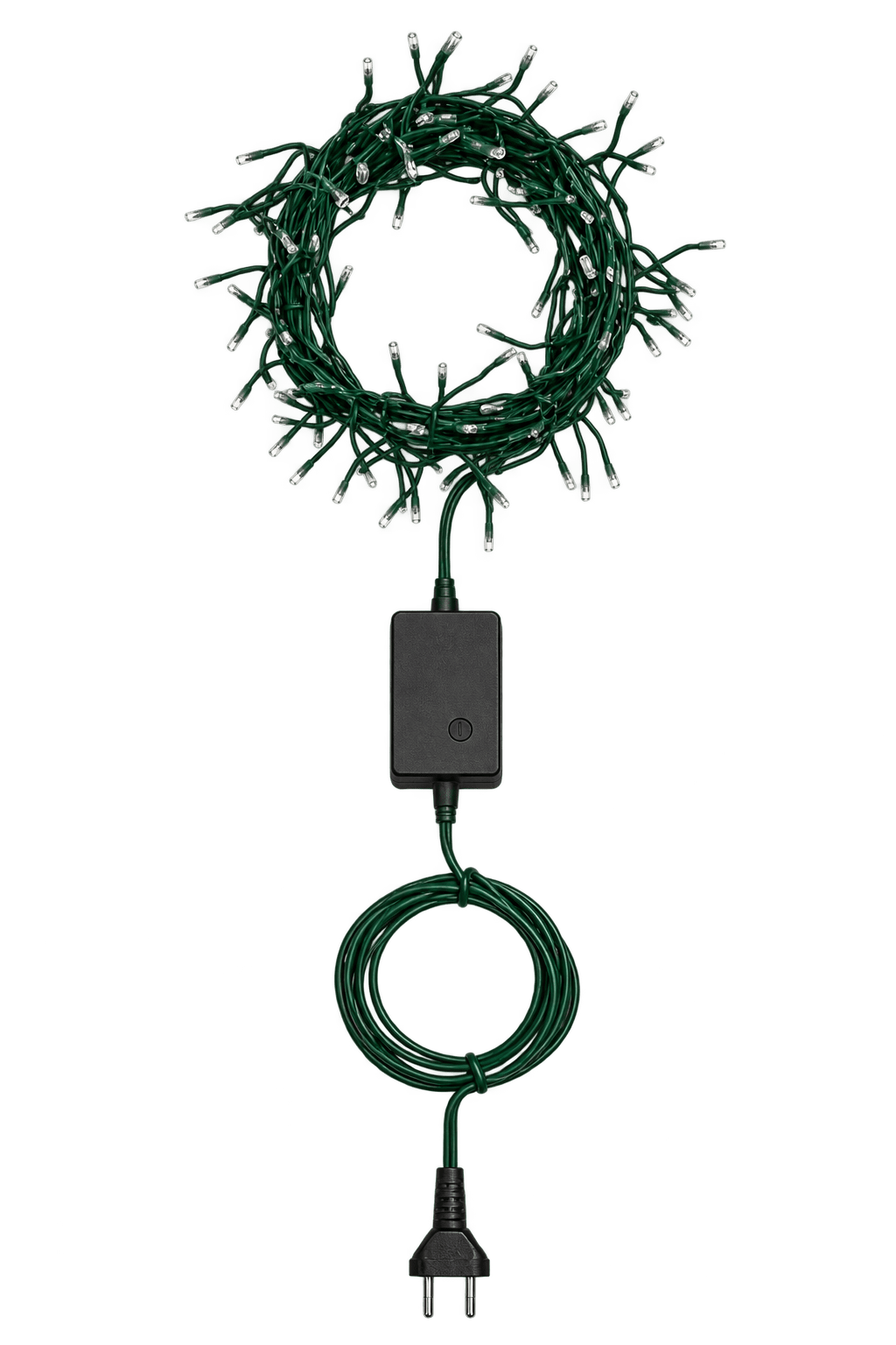 Transparent cutout of green 10 meter LED fairy lights with controller and plug