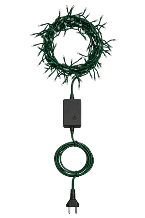 Transparent cutout of green 10 meter LED fairy lights with controller and plug