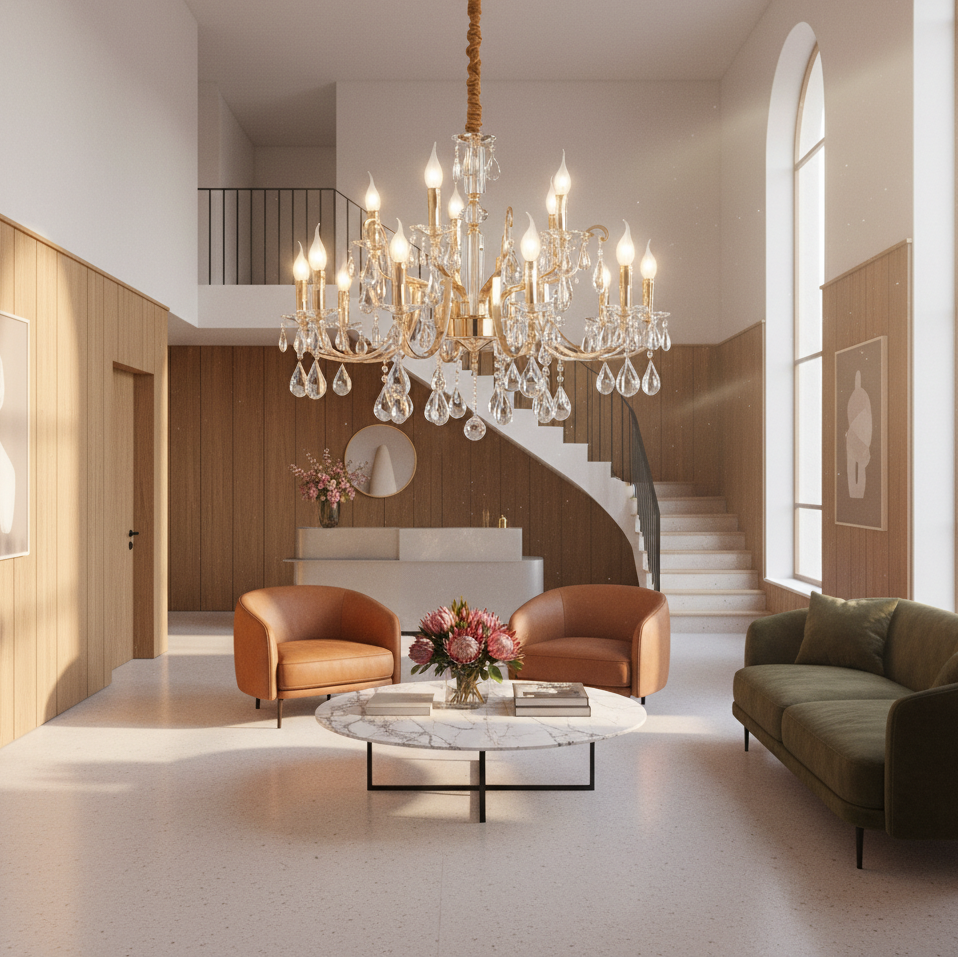 Elegant 15 light chandelier featuring iron, glass, and crystal details, showcasing a luxurious design.