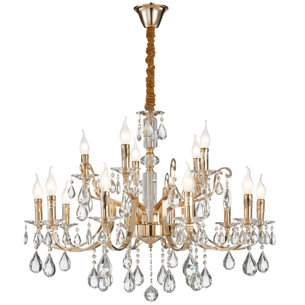 15 Light Iron, Glass & Crystal Chandelier