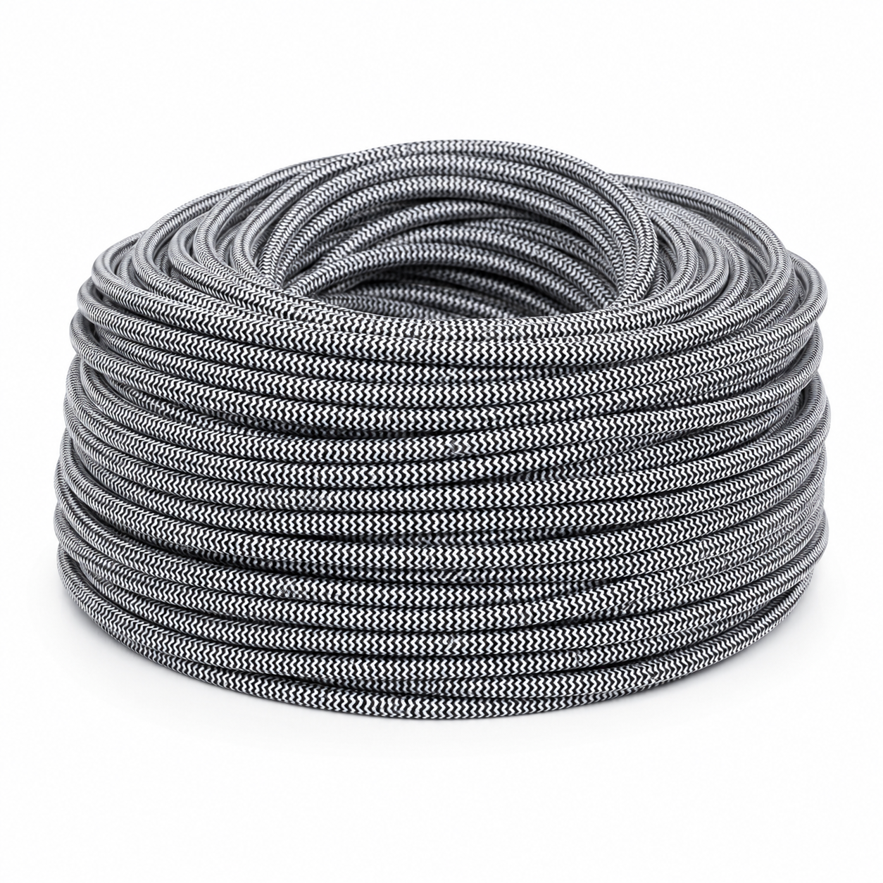Coiled 2-core fabric cable in black and white, showcasing its neat design for indoor wiring.