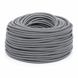 Coiled 2-core fabric cable in black and white, showcasing its neat design for indoor wiring.