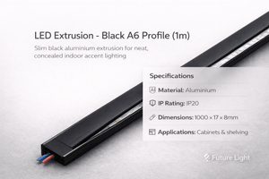 Close-up of a slim black aluminium LED extrusion with specifications displayed.