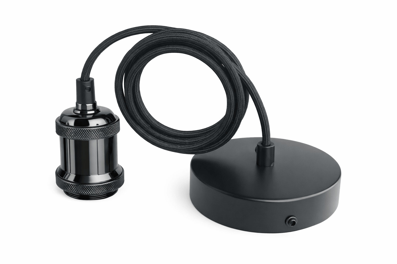 Black metal lamp components on a white background