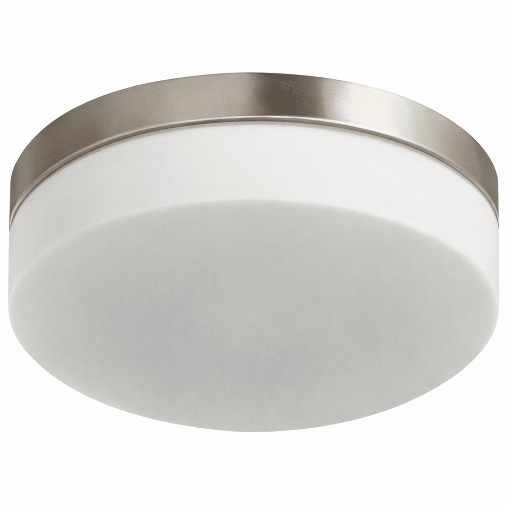 Ceiling light fixture with white glass shade and silver metal rim on a white background