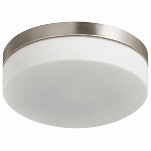 Ceiling light fixture with white glass shade and silver metal rim on a white background