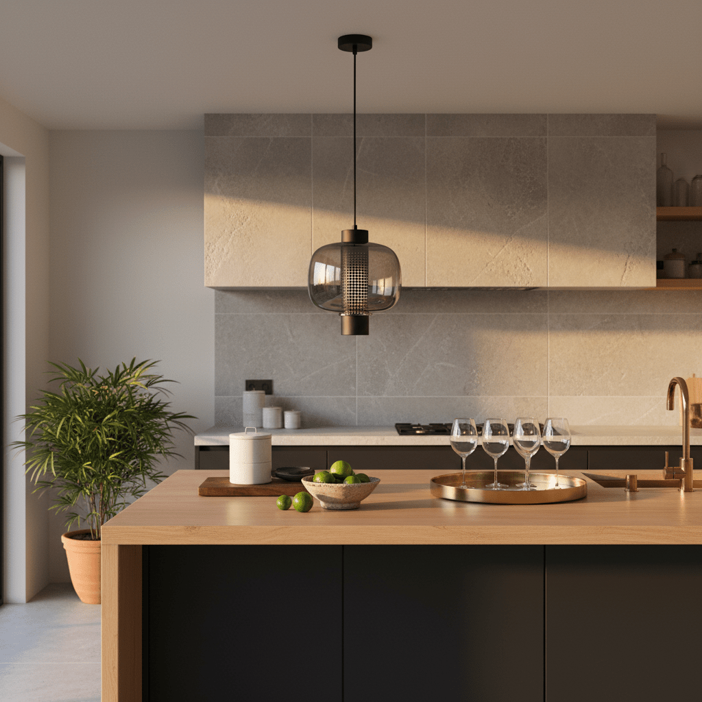 Contemporary black glass pendant light hanging over a kitchen island with wooden countertop and decorative items.