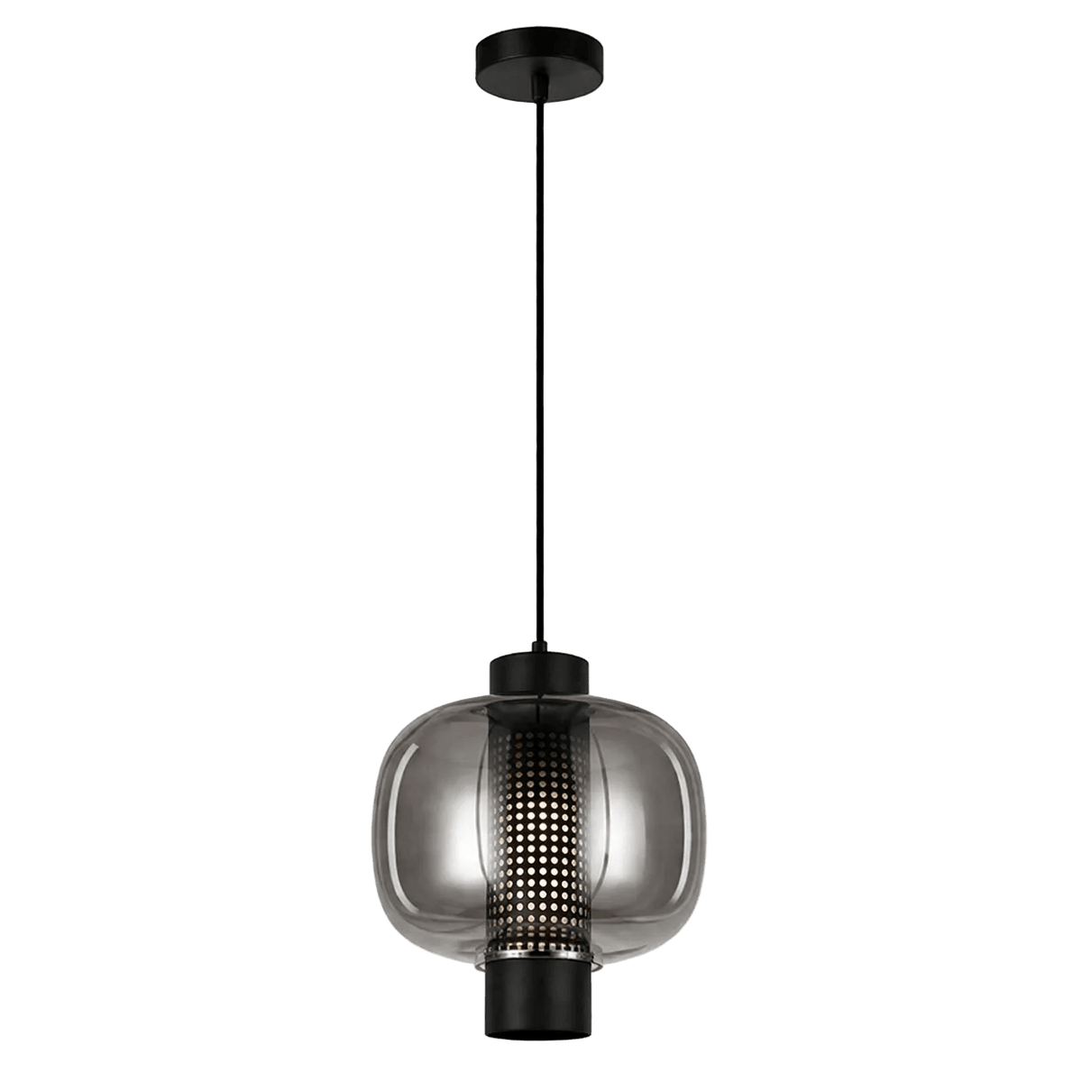 Black pendant light with a rounded glass shade and perforated metal center, suspended from a black cord.