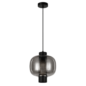 Black pendant light with a rounded glass shade and perforated metal center, suspended from a black cord.
