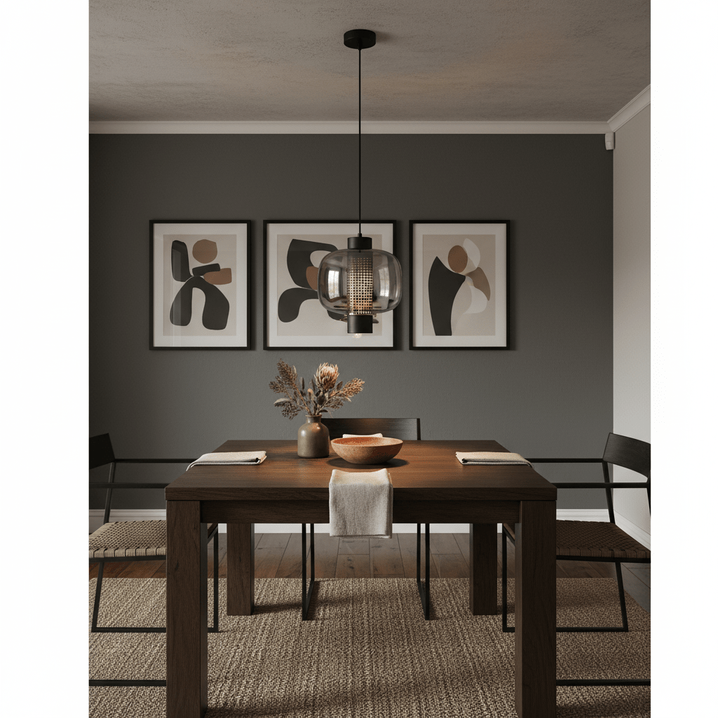 Chicago Medium Black Glass Pendant light hanging above a wooden dining table with decorative elements.