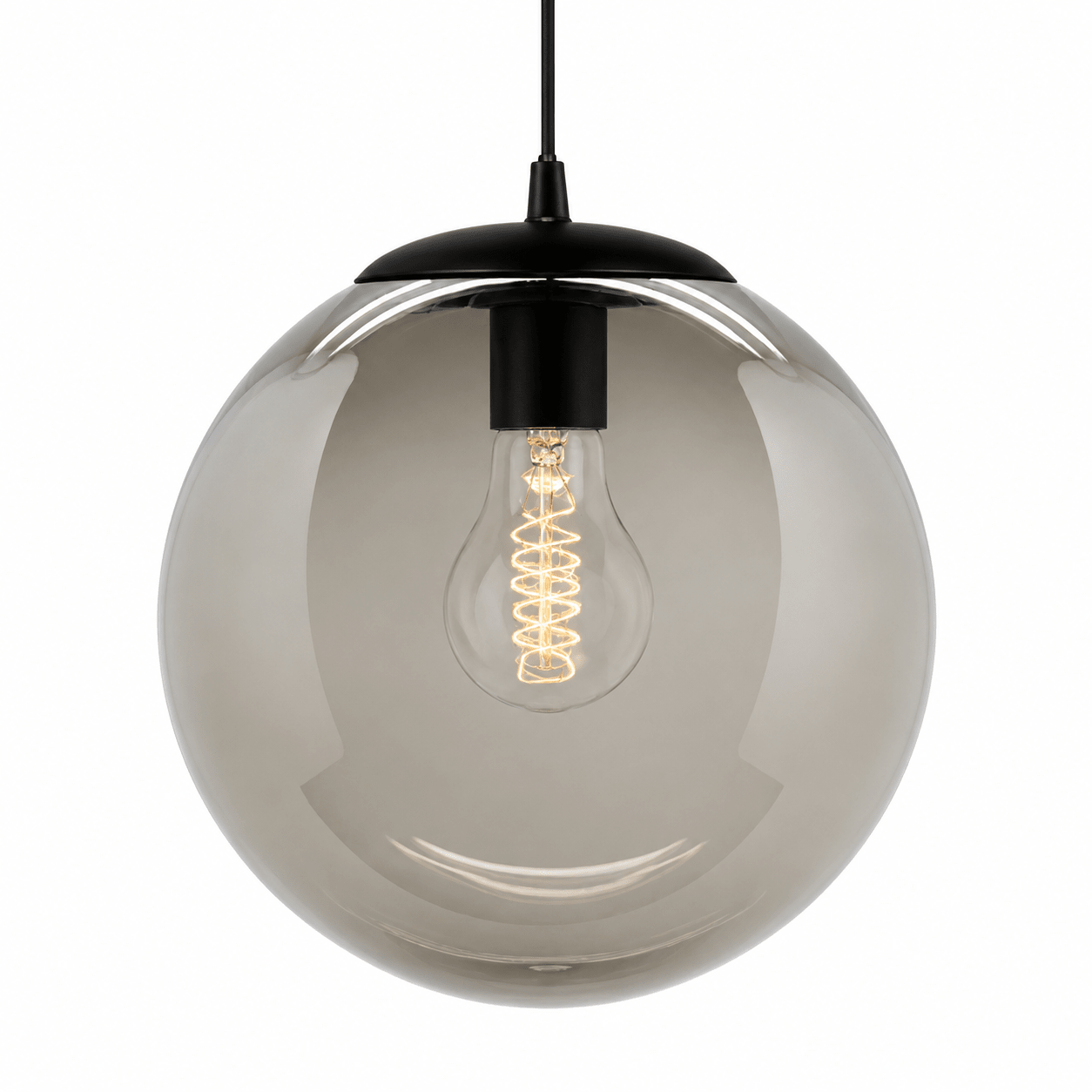 Spherical pendant light with a smoked glass shade and black fixture on a white background