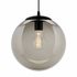 Spherical pendant light with a smoked glass shade and black fixture on a white background