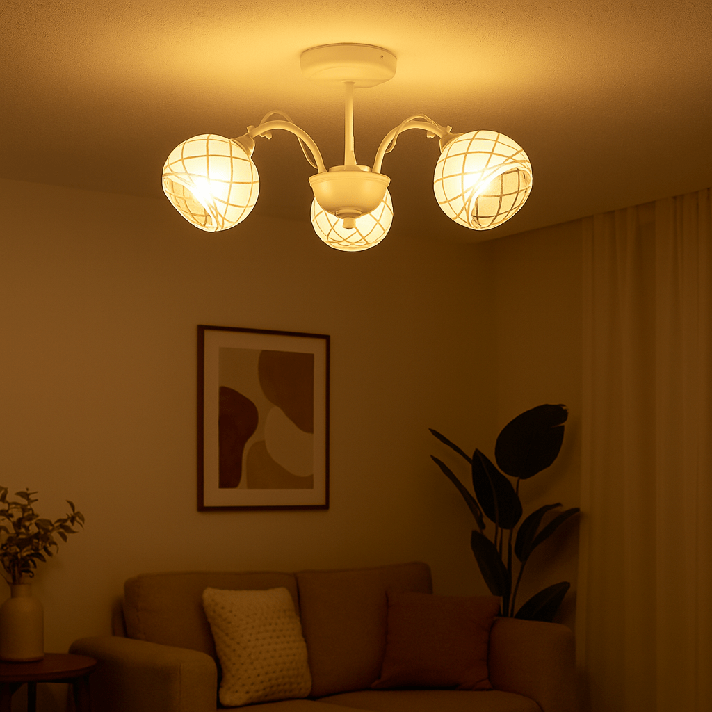 3 Light Metal and Patterned Glass Chandelier