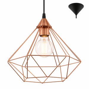 Copper pendant light with geometric design on a white background